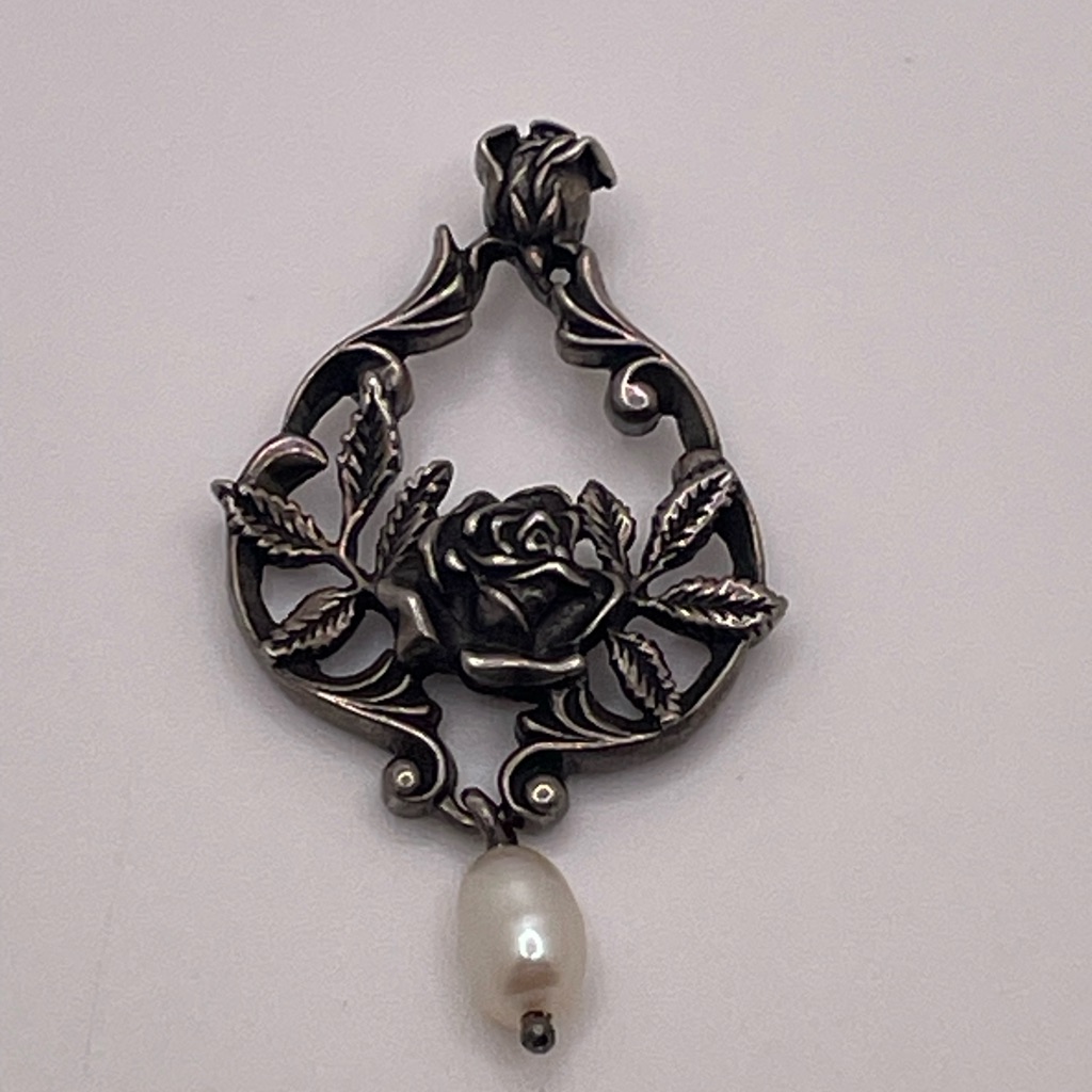Franklin Mint Sterling Silver Rose Pendant W Pearl 1982 Coa